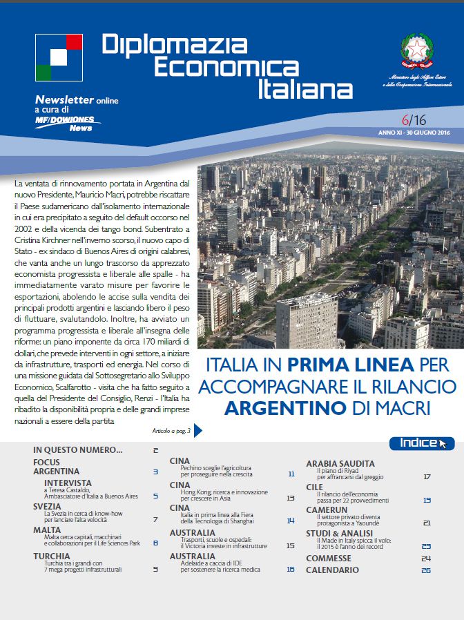 MF Dow Jones News – DG Promozione Sistema Paese numero 6 – 06/2016-Italia in prima linea per accompagnare il rilancio argentino di Macri