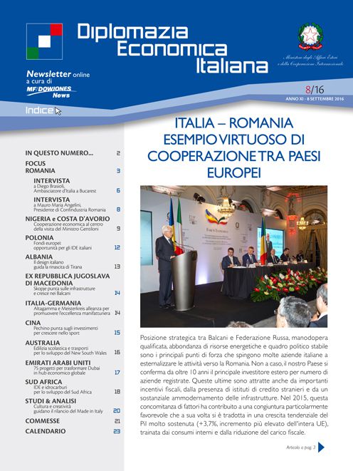 MF Dow Jones News – DG Promozione Sistema Paese numero 8 – 09/2016-Italia – Romania. Esempio virtuoso di Cooperazione tra paesi Europei