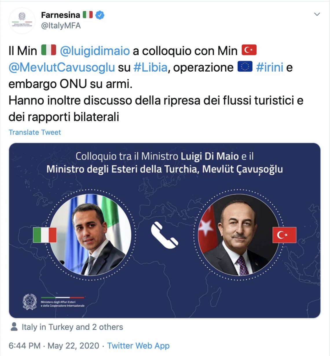 di maio con il ministro degli esteri turco avuolu