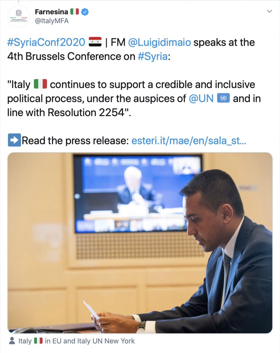 ministro luigi di maio interviene alla iv conferenza di bruxelles sulla siria-2