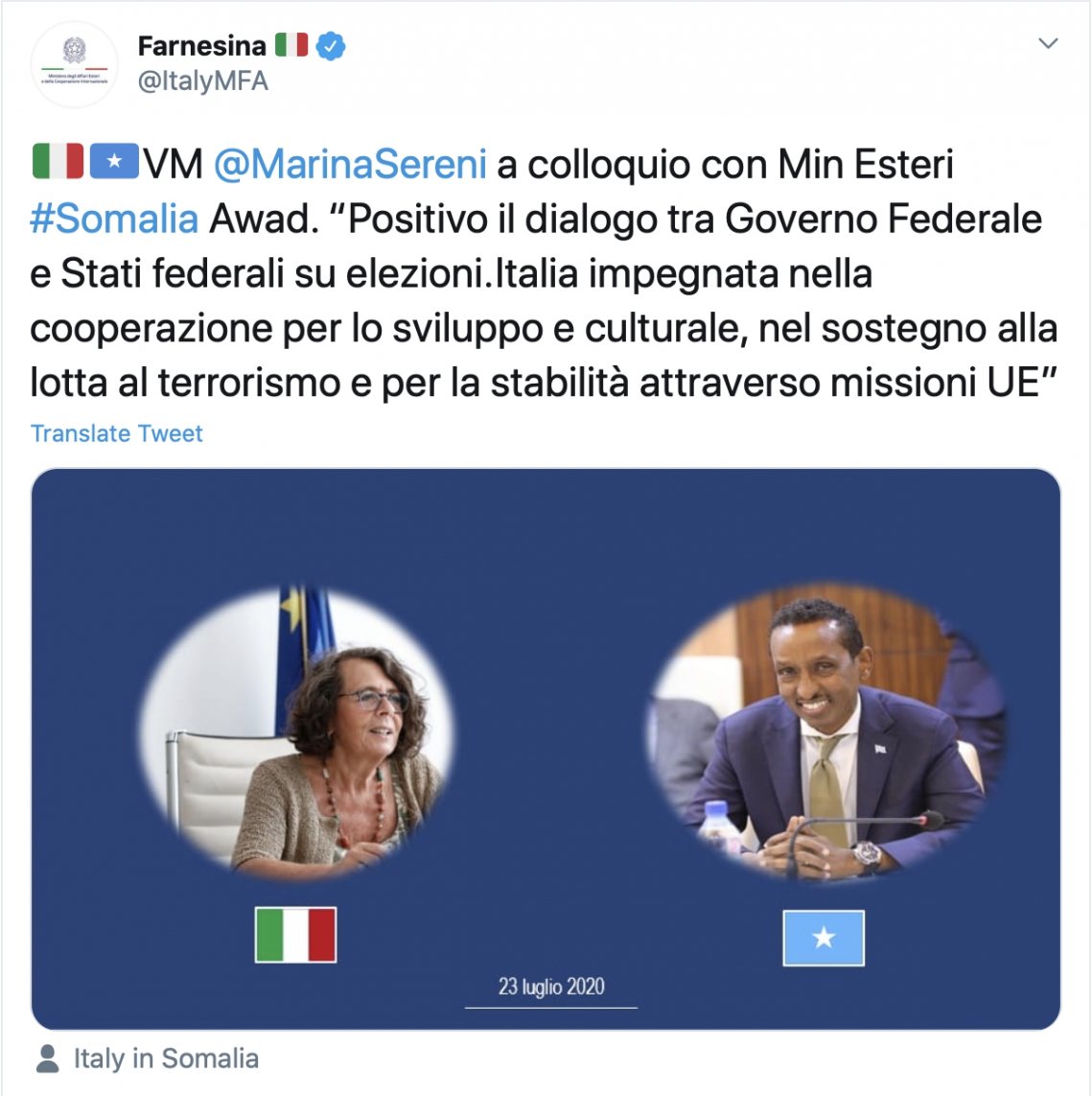sereni colloquio con il ministro degli esteri somalo awad