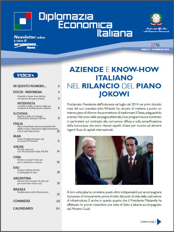 MF Dow Jones News – DG Promozione Sistema Paese numero 2 – 02/2016-Aziende e know-how italiano nel rilancio del piano Jokowi