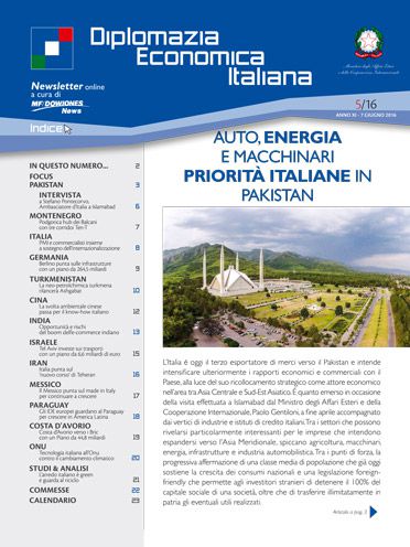 MF Dow Jones News – DG Promozione Sistema Paese numero 5 – 06/2016-Auto, energia e macchinari priorità italiane in Pakistan