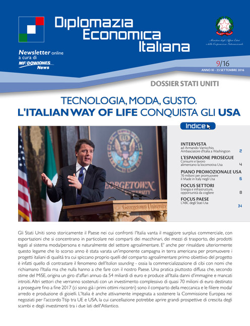 MF Dow Jones News – DG Promozione Sistema Paese numero 9 – 09/2016-Tecnologia, moda, gusto. “L’Italian way of life” conquista gli Usa