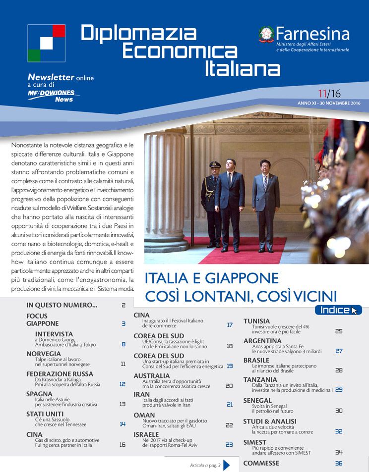 MF Dow Jones News – DG Promozione Sistema Paese numero 11 – 11/2016-Italia e Giappone così lontani, così vicini