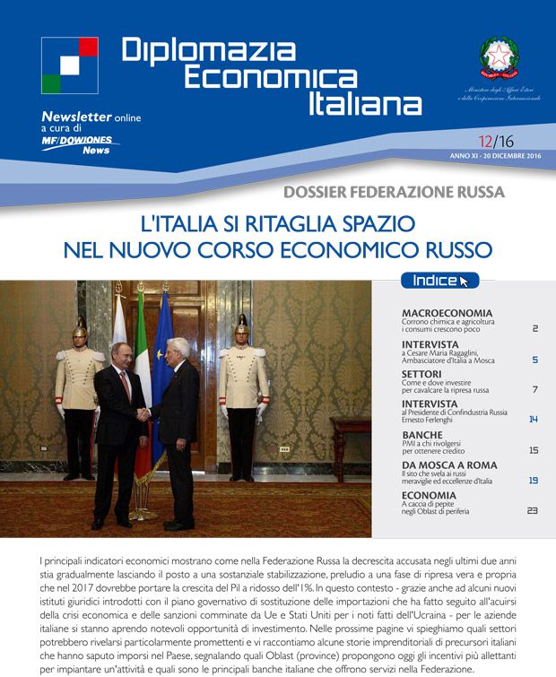 MF Dow Jones News – DG Promozione Sistema Paese numero 12 – 12/2016-L’Italia si ritaglia spazio nel nuovo corso economico russo