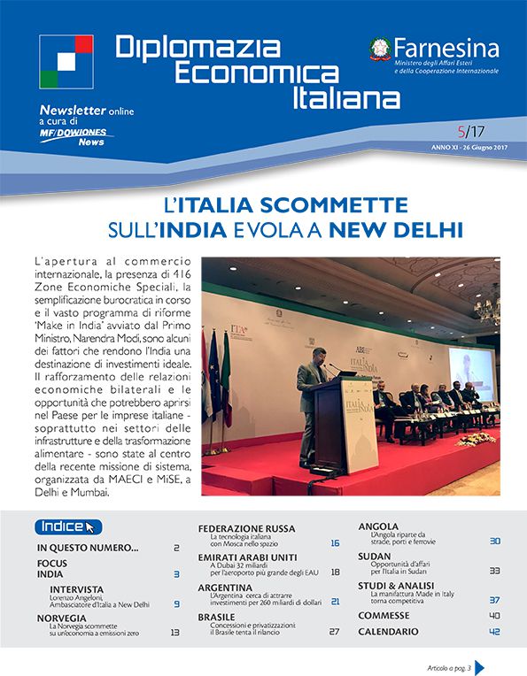 MF Dow Jones News – DG Promozione Sistema Paese numero 5 – 06/2017-L’Italia scommette sull’India e vola a New Delhi