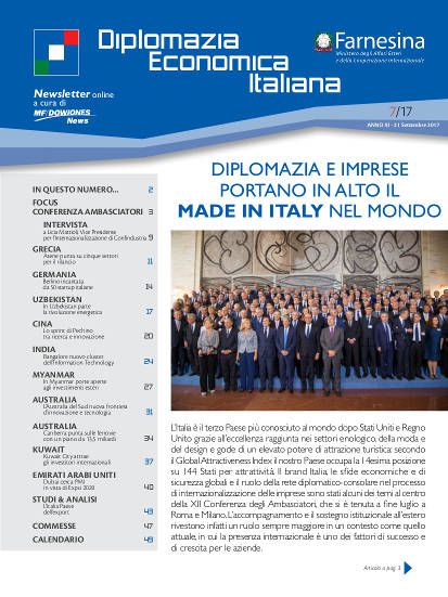 MF Dow Jones News – DG Promozione Sistema Paese numero 7 – 09/2017-Diplomazia e imprese portano in alto il Made in Italy nel mondo