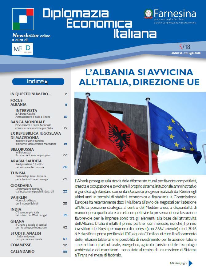 MF Dow Jones News – DG Promozione Sistema Paese numero 5 – 2018-L’Albania si avvicina all’ Italia, direzione UE