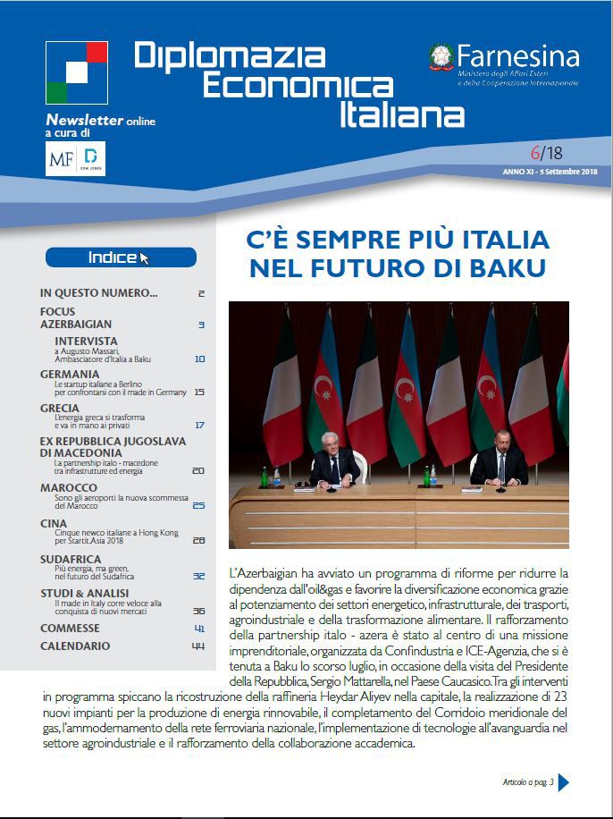 MF Dow Jones News – DG Promozione Sistema Paese numero 6 – 2018-C’è sempre più Italia nel futuro di Baku