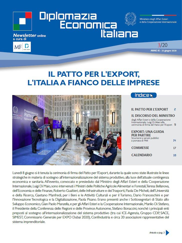 MF Dow Jones News – DG Promozione Sistema Paese numero 3 – 2020-Il patto per l’export, l’ Italia a fianco delle imprese