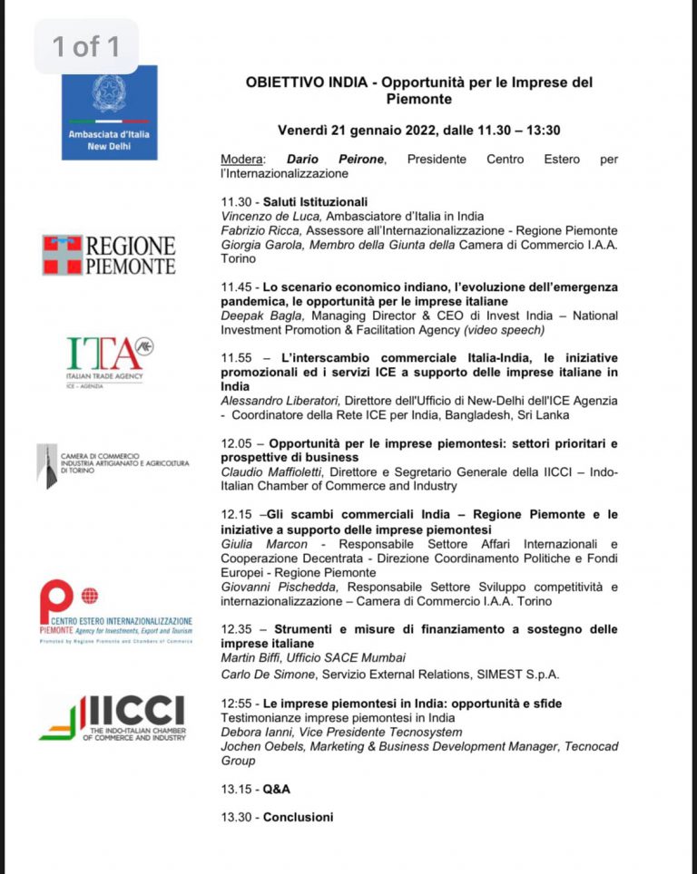 New Delhi webinar Obiettivo India per imprese Piemonte