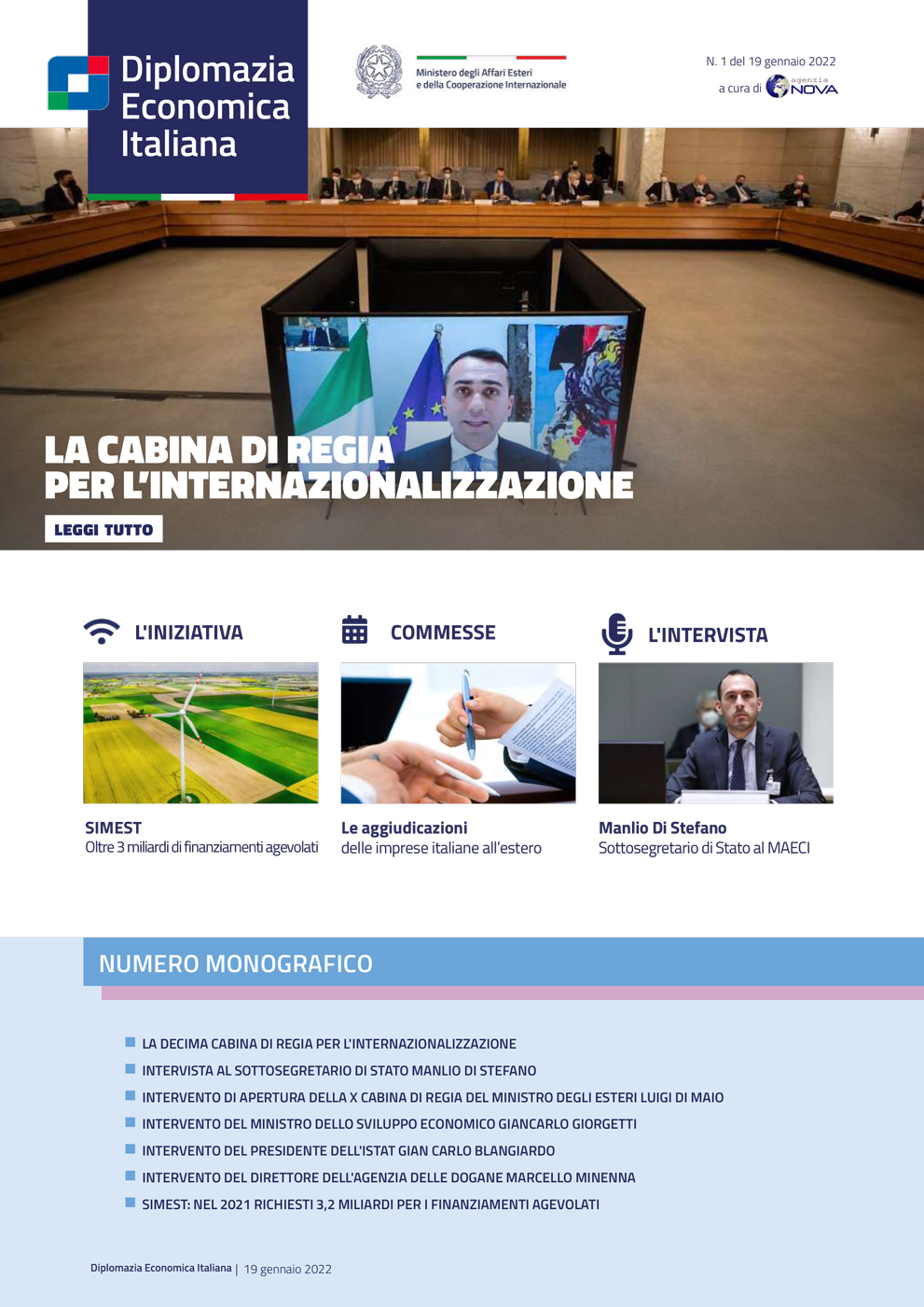 Agenzia Nova – DG Promozione Sistema Paese numero 01-2022 – La Cabina di regia per l’internazionalizzazione