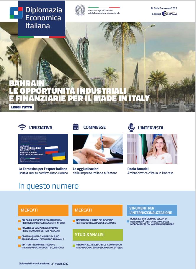 Agenzia Nova – DG Promozione Sistema Paese numero 03-2022 – Bahrain: le opportunità industriali e finanziarie per il Made in Italy