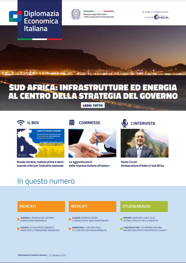 Agenzia Nova – DG Promozione Sistema Paese numero 09-2022 – Sud Africa: infrastrutture ed energia al centro della strategia del Governo