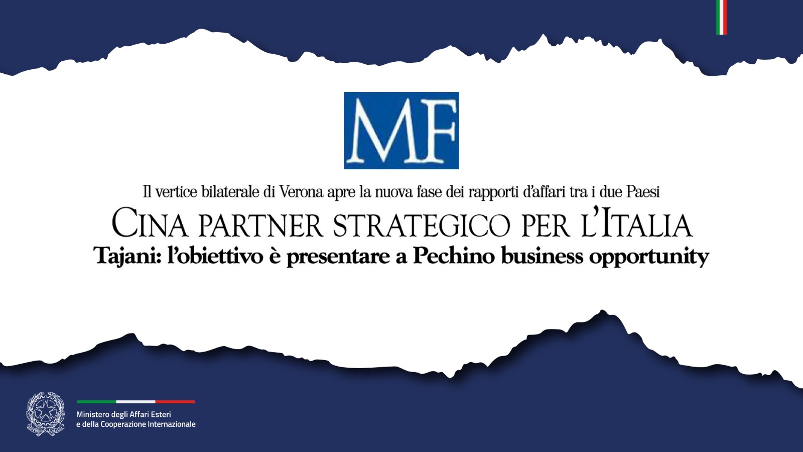 Tajani: Cina partner strategico per l’Italia (MF)