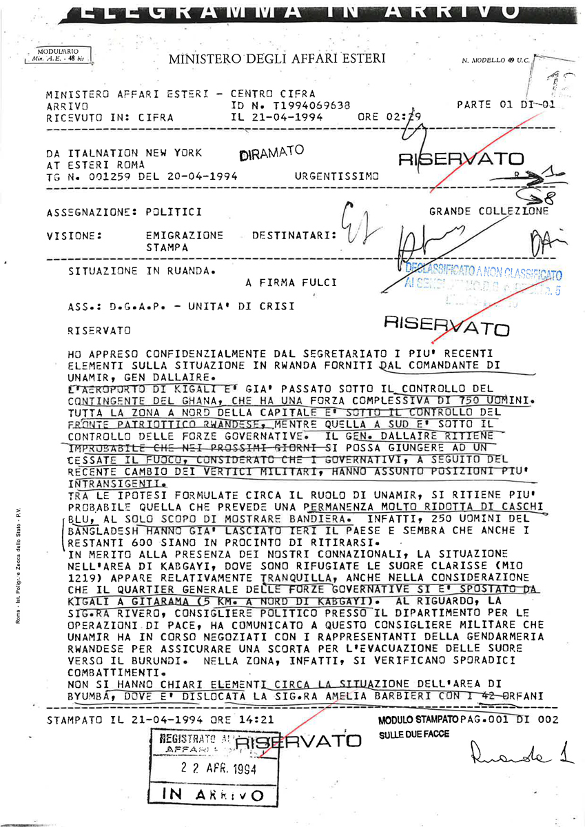 18 Situazione - Gen Dallaire - telegramma 1259 del 20 aprile 1994 - busta dgap X Ruanda CPE 1 2 55 1994