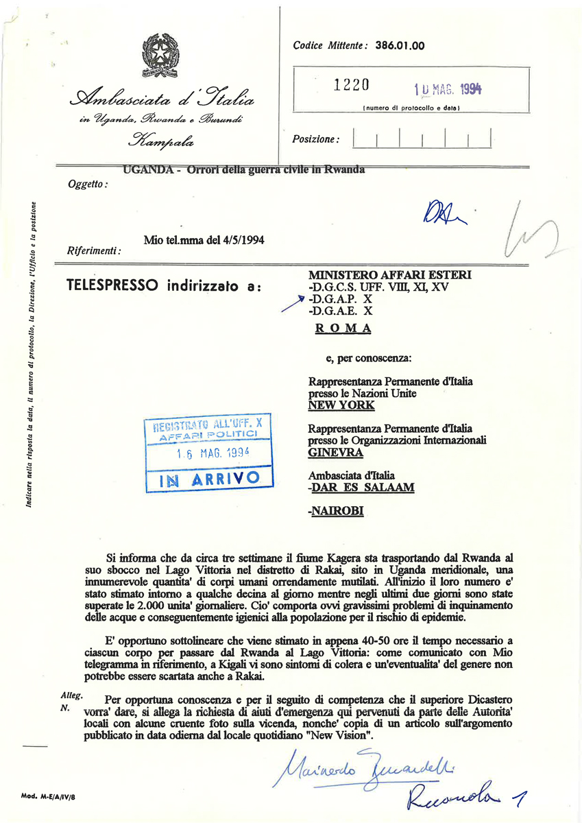 20 Orrore dei corpi trasportati dai fiumi - telegramma 10maggio1994 - busta dgap X Ruanda CPE 1 2 55 1994