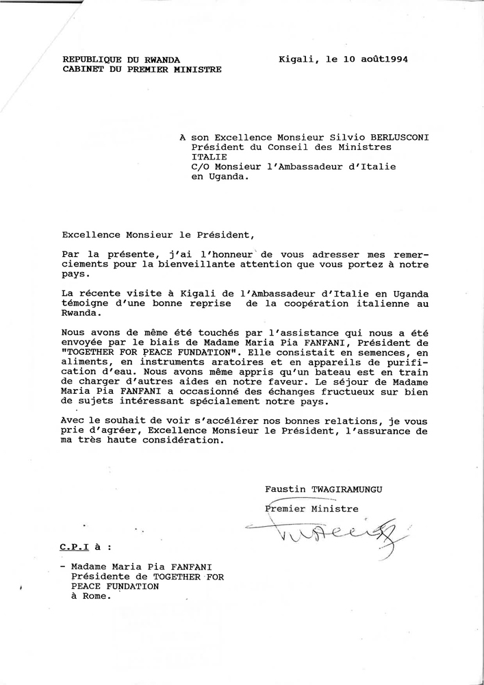 23 lettera del primo ministro Ruanda a Berlusconi - 10 agosto 1994 - busta dgap X Ruanda 3 4 5 6 57 1994