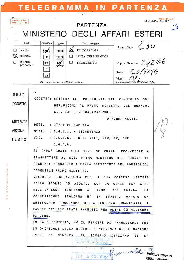 24 Messaggio Berlusconi a primo ministro Ruanda 20settembre1994 - busta dgap X Ruanda 3 4 5 6 57 1994 