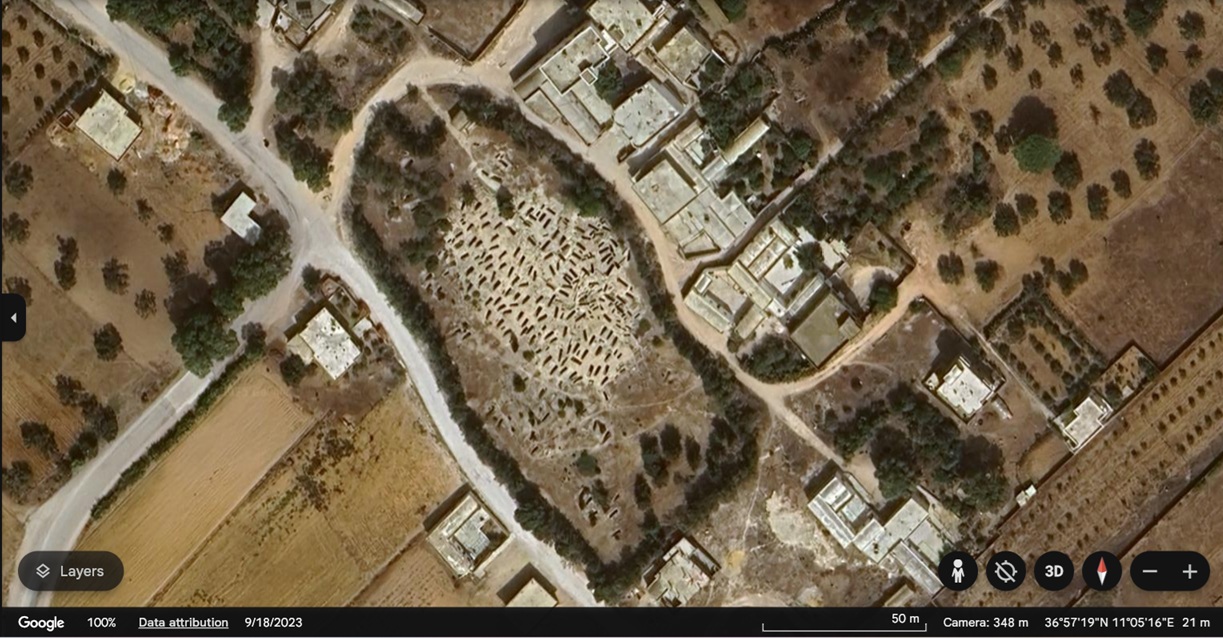 Necropoli Punica di Kerkouene (Cap Bon, Tunisia) visione dall’alto. Credito immagine: Google Earth.