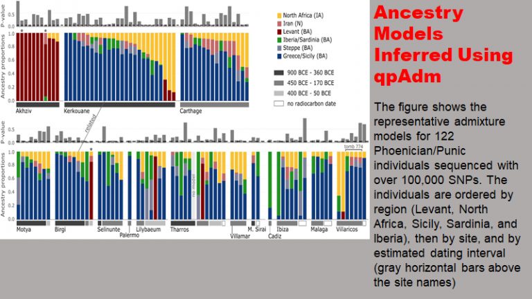 Figura 2 dell’articolo pubblicato su NATURE: Ancestralità della necropoli fenicia di Akhziv (in rosso quasi totalmente del Levante) e delle necropoli puniche del Nord Africa, Sicilia, Sardegna, Spagna e Baleari, principalmente in blu (Grecia/Sicilia), giallo (Nord Africa).