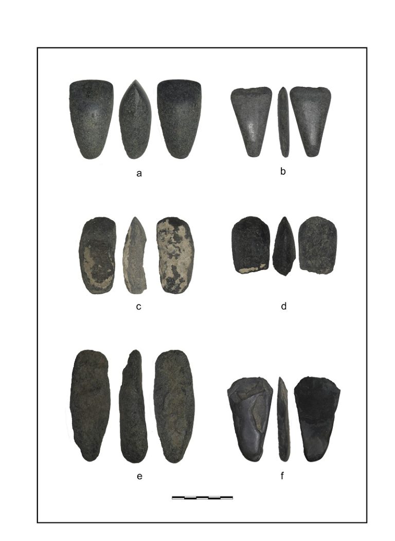 Accette in pietra levigata (a-d: finite; e-f: in produzione) (foto: M. Radi; Archivio OBAP).