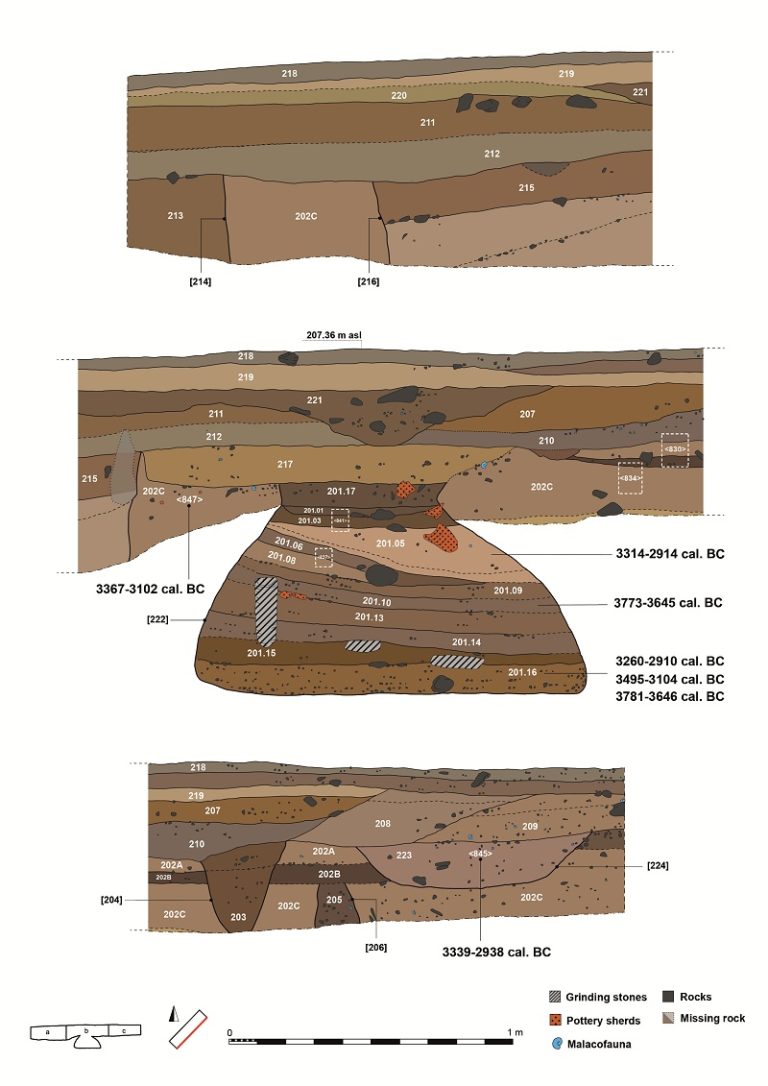 Sezione stratigrafica di una delle trincee con fossa di stoccaggio e relative datazioni al radiocarbonio (disegno: A. Brucato e L. Farr; Archivio OBAP).