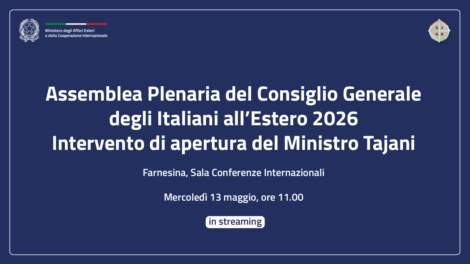 Intervento di apertura del Ministro Tajani all’Assemblea Plenaria del CGIE