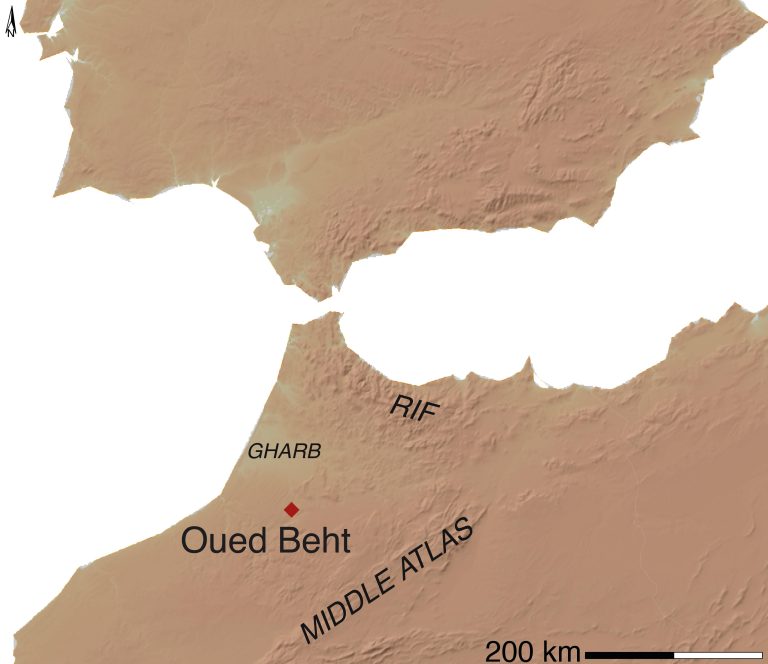 Carta del Marocco con la posizione del sito di Oued Beht (elaborazione: T. Wilkinson, Archivio OBAP) / Map of Morocco showing the location of Oued Beht (drawing: T. Wilkinson, OBAP Archive)