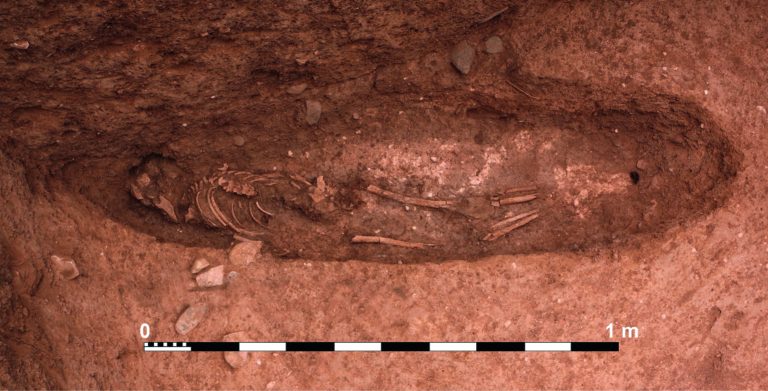 Sepoltura di epoca medievale rinvenuta nel sito di Oued Beht (foto: M. Cygan, Archivio OBAP) / Medieval burial discovered at Oued Beht (photo: M. Cygan, OBAP Archive)
